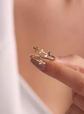 自然橄榄枝叶子开口可调女士戒指