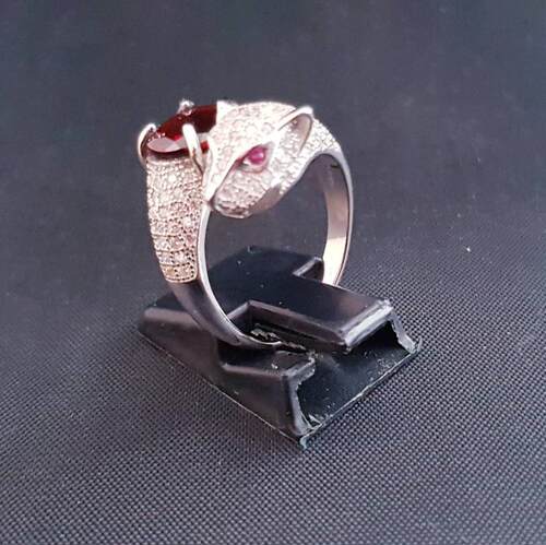 Garnet㊣法国代购 手作迷人豹头精美石榴石镶嵌925纯银镀白金戒指