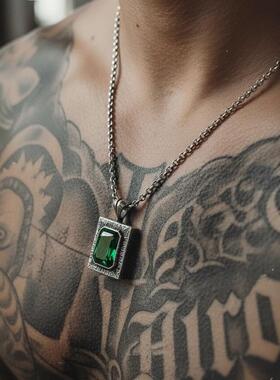 土耳其代购Necklace㊣ 手作祖母绿色立方氧化锆纯银男士吊坠项链
