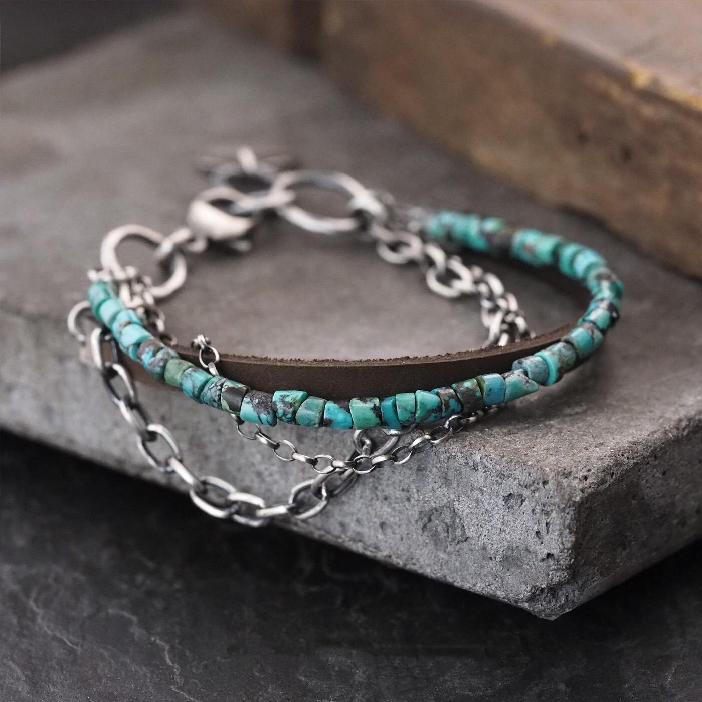 波兰代购Turquoise◇手作复古天然绿松石宝石串珠皮革纯银手链