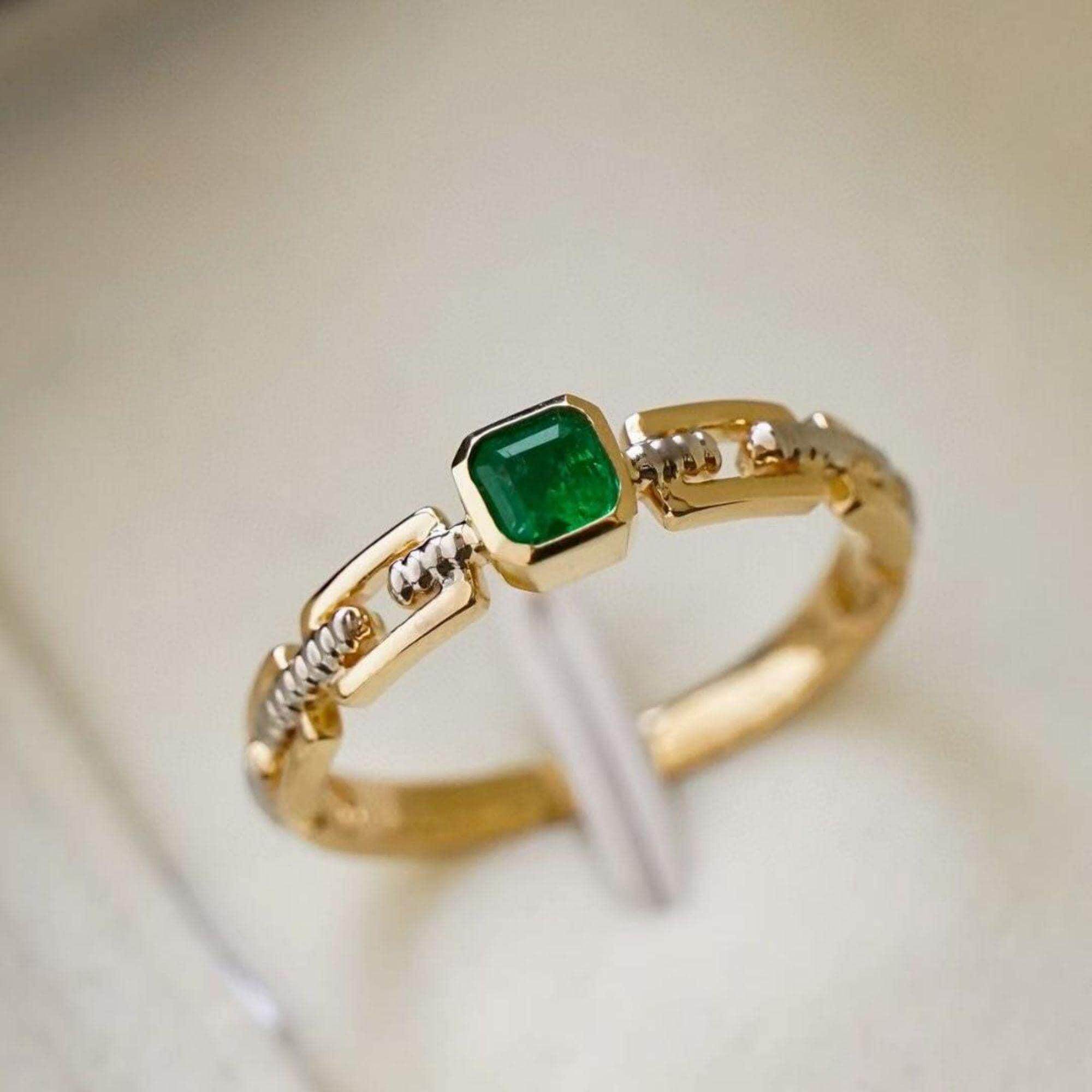 美国代购Jewelry㊣ 手作优雅精致华丽天然祖母绿镶嵌18k纯金戒指