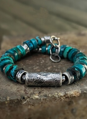 天然绿松石宝石银珠银管纯银手链