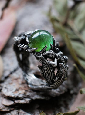 纯银复古绿色碧玺宝石戒指雕刻