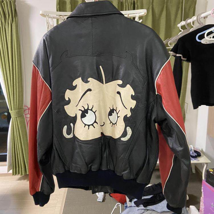 海外代购Leather ▼古着卡通经典娃娃黑红配色皮革体育场夹克皮衣