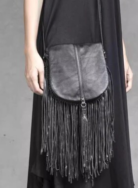 美国代购Tassles◎手作经典黑色皮革腰包小羊皮包斜挎侧边流苏包