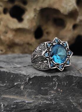 土耳其代购Topaz ▼手作维多利亚风男士个性雕刻蓝色托帕石戒指