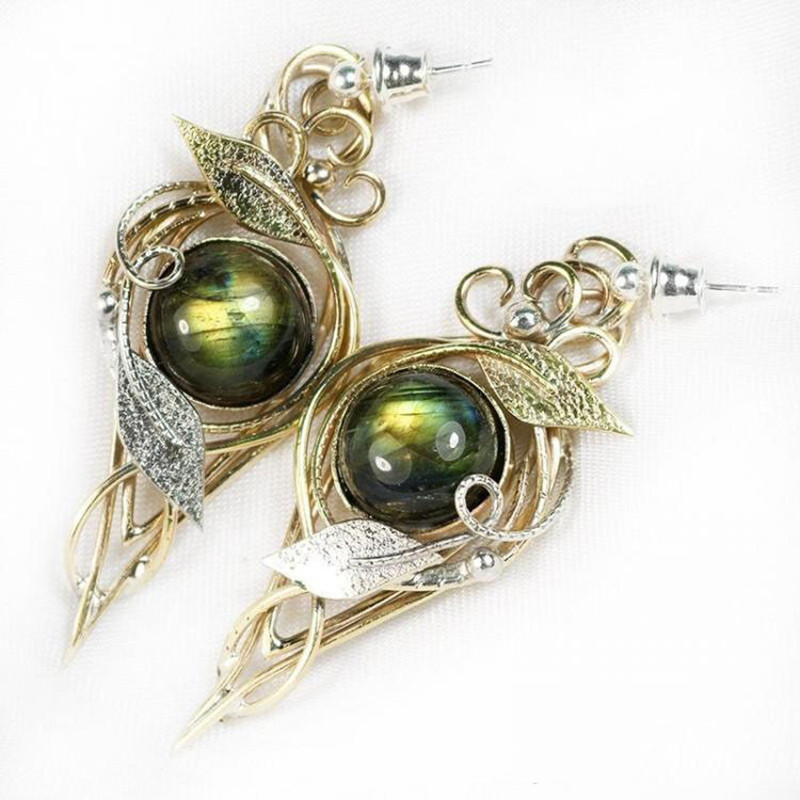 英国代购Floral◇手作哥特梦幻花朵精灵拉长石宝石镶嵌金色叶耳环