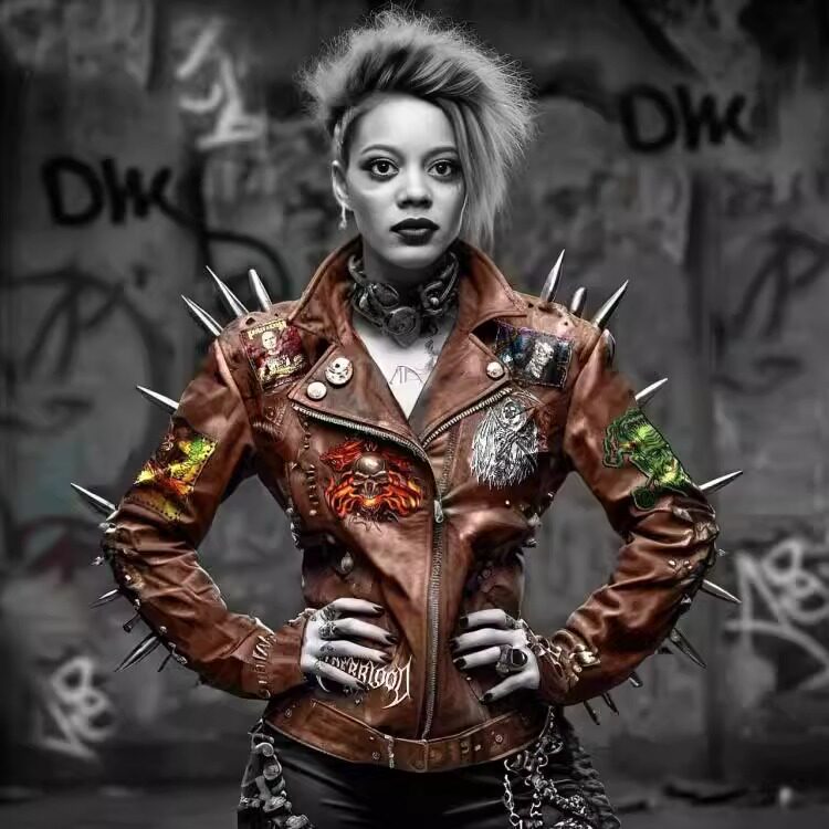 海外代购Jacket ㊣ 手作哥特蒸汽朋克摇滚尖刺铆钉徽章铆钉皮衣