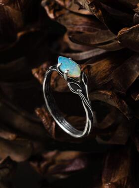 火蛋白石自然灵感树枝状戒指纯银