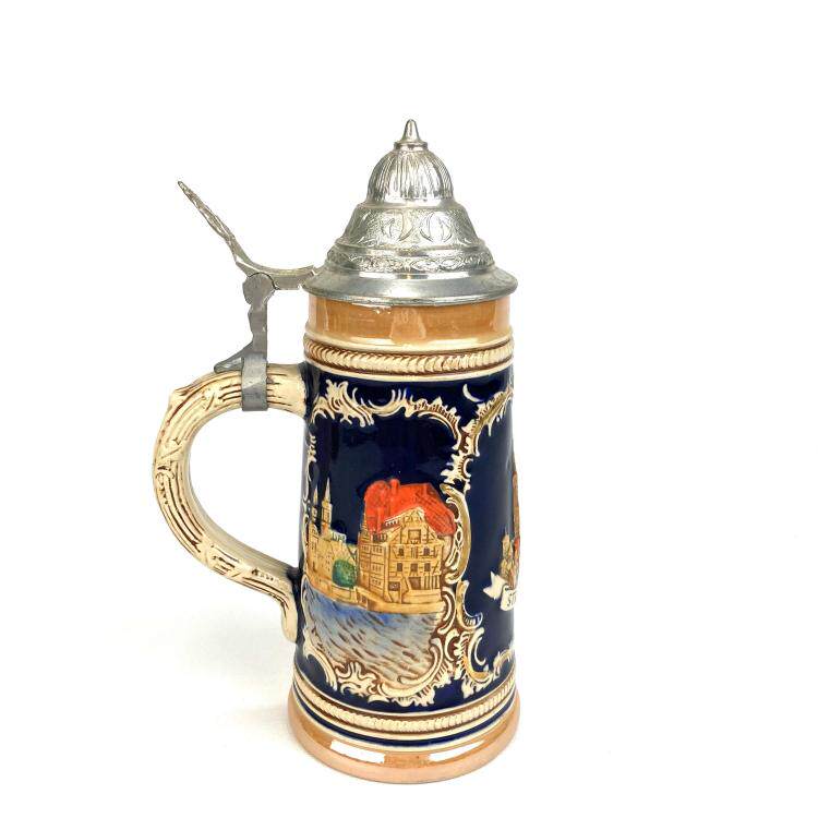 美国代购Vintage㊣ 古着收藏家居摆件装饰老式德国锡盖陶瓷啤酒杯