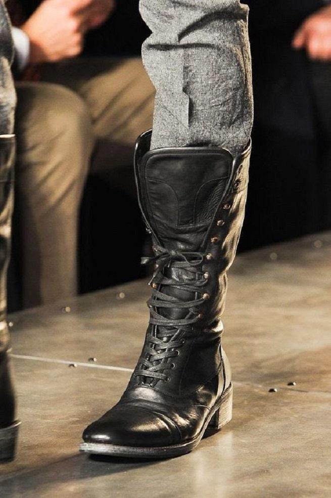 海外代购Boots㊣ 手作简约作战风格系带黑色真皮男式高踝长靴子