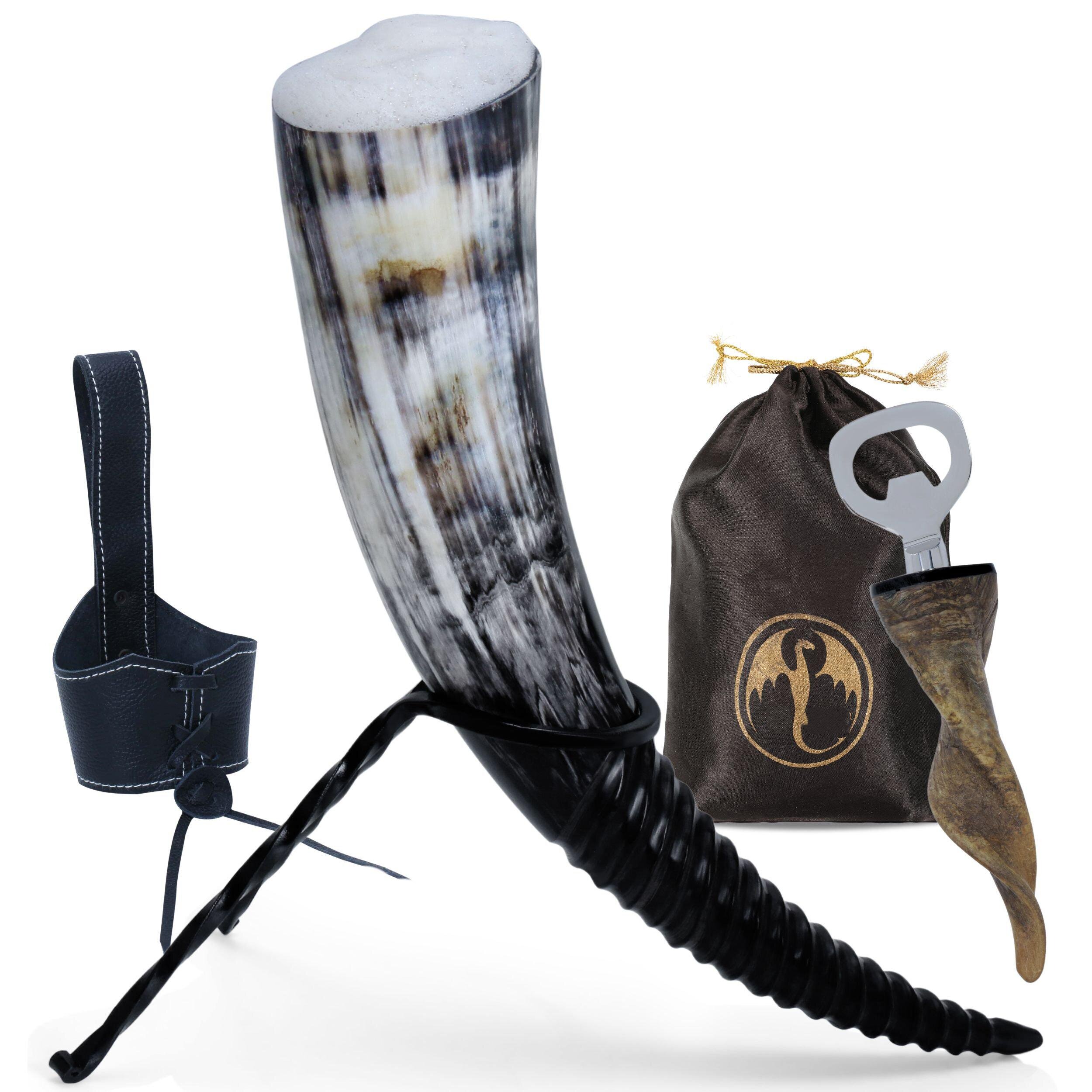 美国代购Viking◇手作复古北欧维京手工天然牛角带支架套装酒壶