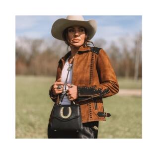 海外代购 手作波西米亚西部风铆钉棕黑绒面麂皮夹克外套 Jacket㊣