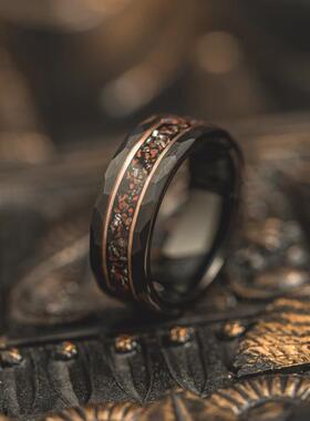 男士碳化钨黑色锤击陨石戒指结婚