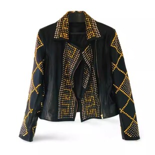 饰牛皮短外套皮衣 领铆钉装 Jacket㊣海外代购 手作迷人拉链西装