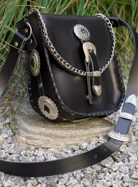 海外代购Concho◇手作复古黑色植鞣皮革编织银色扣单肩包斜挎包