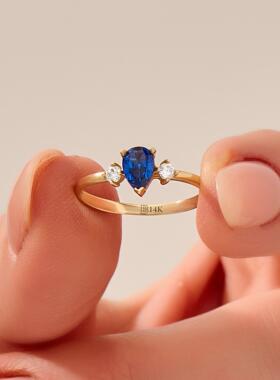 英国代购Engagemen◎手作精致梨形切割泪滴形单石蓝宝石订婚戒指