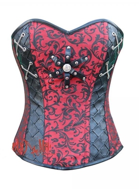 Corset㊣海外代购 手作迷人哥特式红色锦缎黑色皮革紧身胸衣马夹