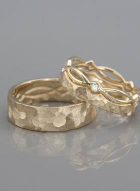 情侣14K纯金天然钻石结婚对戒指