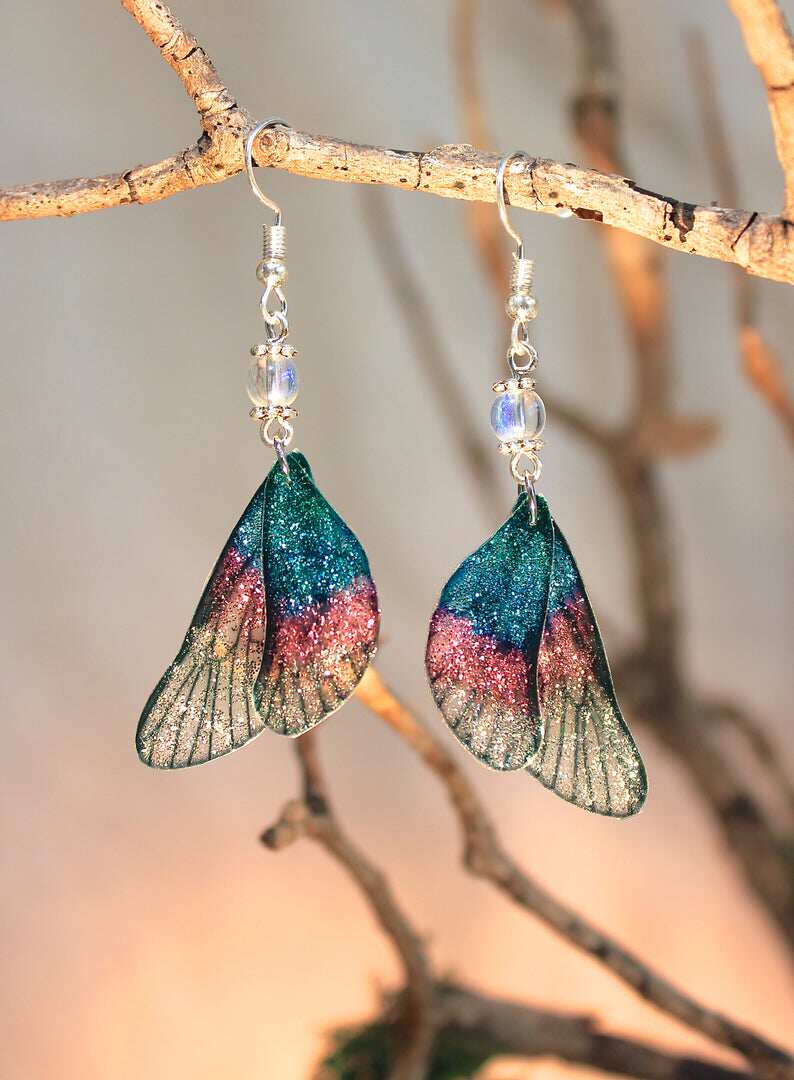 法国代购fairy◇手作梦幻精灵之翼渐变粉红色宝蓝色蝴蝶翅膀耳环