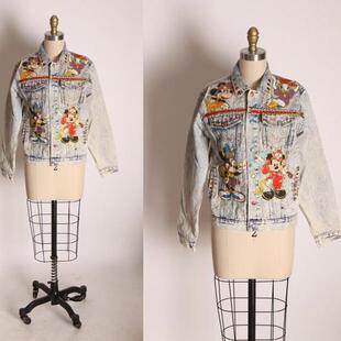 亮片贴花牛仔短外套 古着米老鼠米妮黛丝鸭长袖 美国代购 Jacket㊣