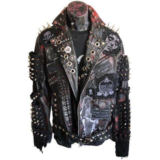 海外代购Biker∞手作摇滚哥特式尖刺铆钉涂鸦骷髅真皮机皮衣
