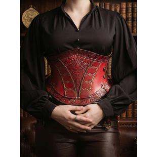 美国代购 Corset◇手作文艺复兴酒红色皮革雕纹公主束身衣塑身上衣