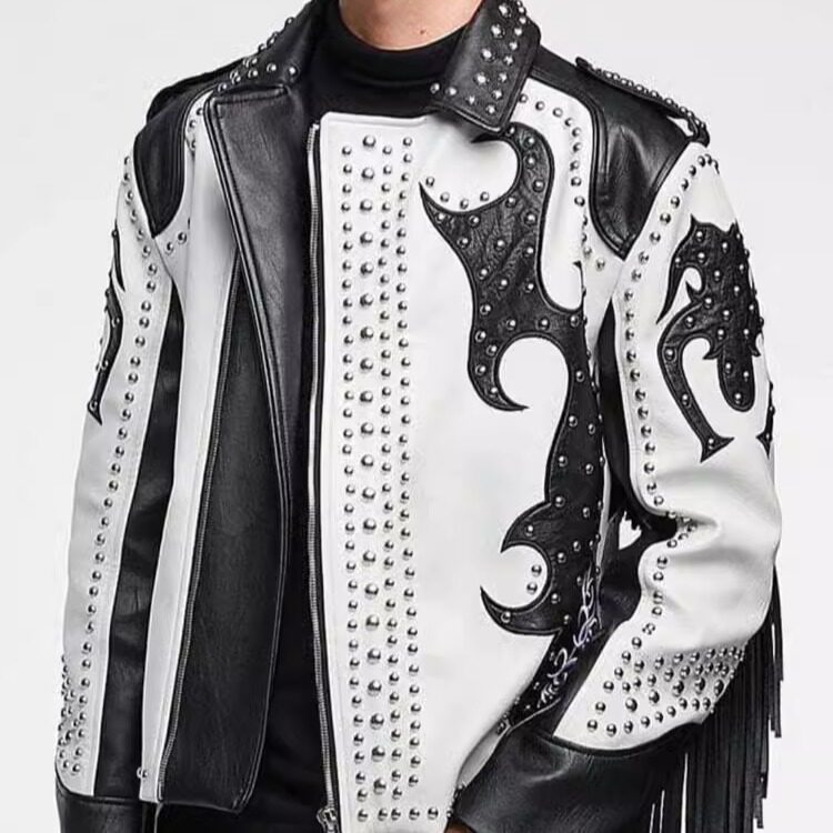 海外代购Jacket㊣ 手作摇滚明星时尚铆钉流苏黑白牛皮夹克皮衣