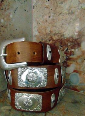 希腊代购Concho◇手作复古部落棕色真皮康乔纯银银饰男士腰带皮带