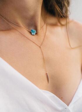 原石水蓝色水晶分层穗状套索项链