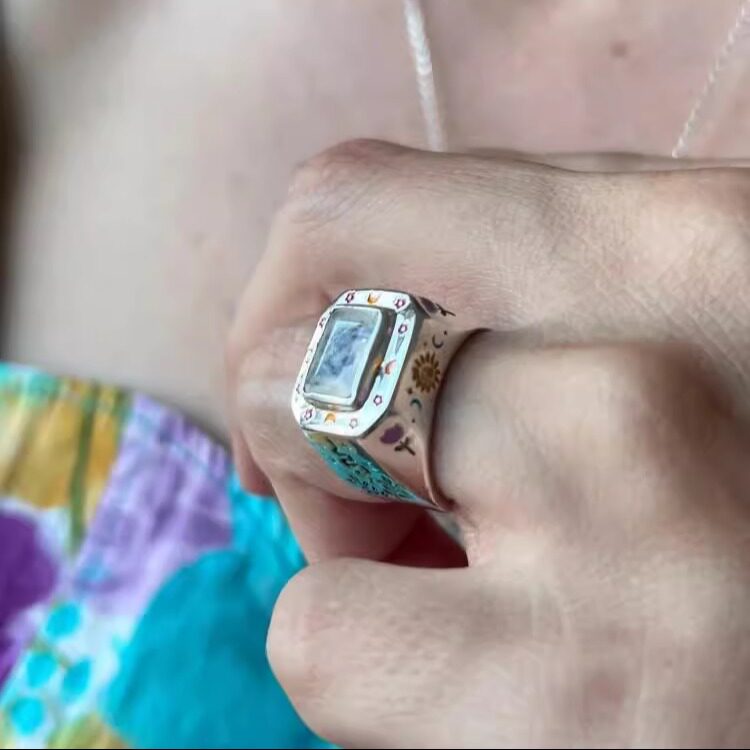 土耳其代购Jewelry㊣ 手作童话色彩郁金香图案雕刻闪亮月光石戒指