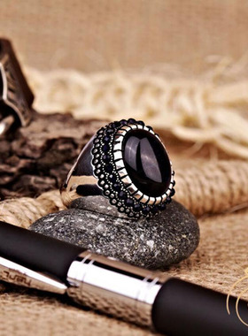 男纯银复古蓝色虎眼石戒指镶嵌