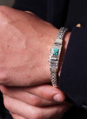 绿松石宝石龙骨链男士纯银手链