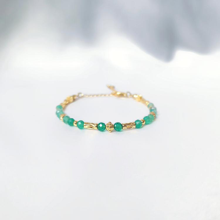 法国代购Bracelet㊣ 手作华丽圆形渐变绿玛瑙宝石串珠14k镀金手链