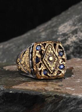 金色个性复古简约蓝锆石戒指指环