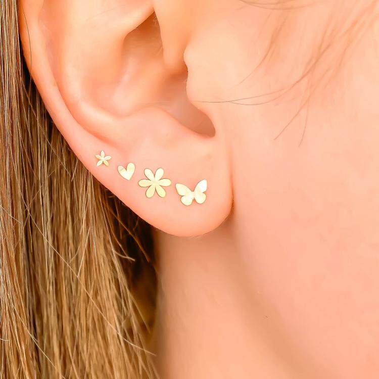 美国代购Earrings㊣ 手作精致简约迷你扁平花朵心形蝴蝶14K金耳钉