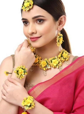Flower㊣印度代购 手作高贵美丽黄色花朵新娘项链耳环手链套装