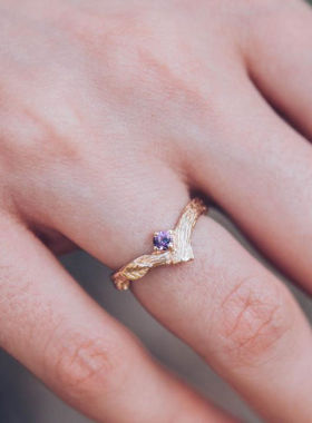 女14K纯金天然紫水晶戒指叶子