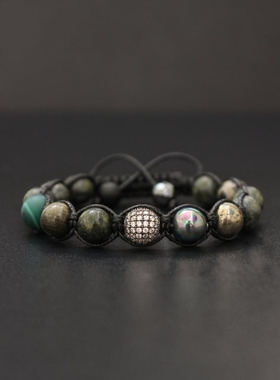 黑曜石彩虹色灰壳珍珠串珠手链