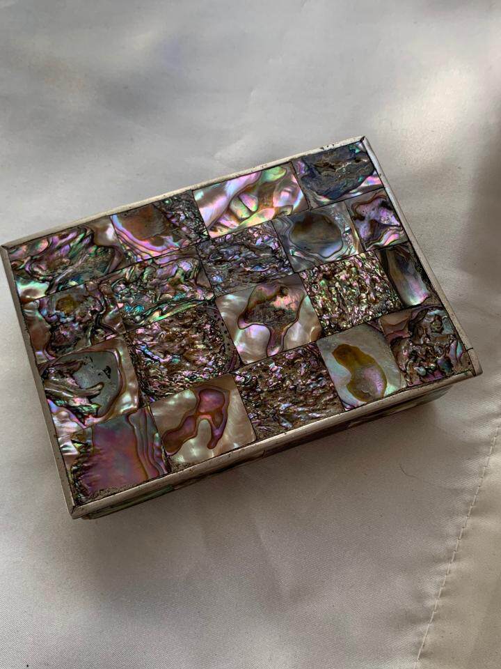 Abalone㊣美国代购 古着老式50年代趣味鲍鱼壳装饰铜银组合烟盒