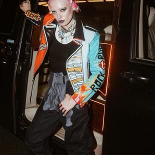 双排扣拉链彩绘皮革机车夹克皮衣 手作哥特式 土耳其代购 Jacket㊣