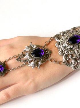 紫色水晶黄铜镀纯银连指戒指手链