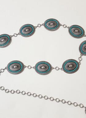 美国代购Concho◇手作复古西部牛仔部落银色扣蓝色珠饰腰带腰链