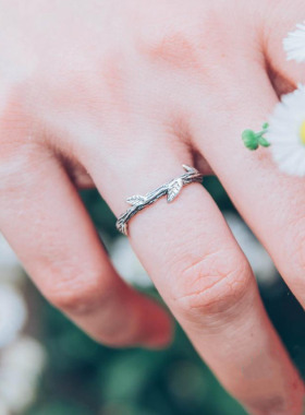 纯银森林银色自然树枝叶子戒指