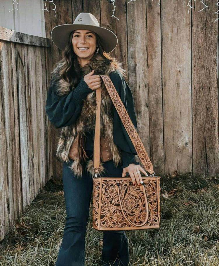 Handbag㊣美国代购 手作迷人压花真皮大款托特包单肩斜跨手提包袋