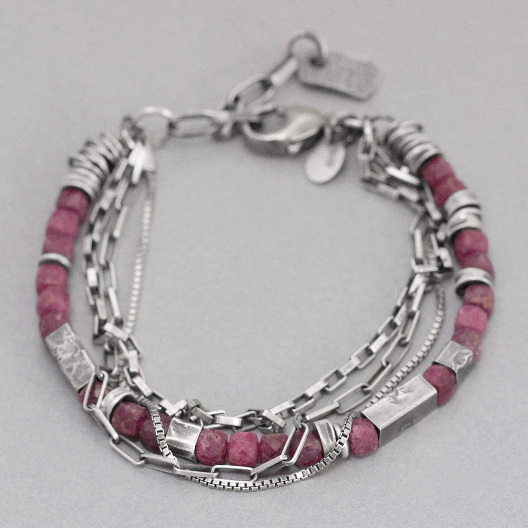 英国代购Ruby◇手作天然粉色红宝石925氧化纯银多股叠戴女士手链