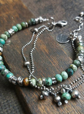 中性纯银波西米亚绿松石银珠手链