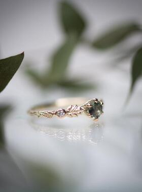 挪威代购Sapphire手作精灵树枝树皮绿色蓝宝石钻石14K黄金戒指