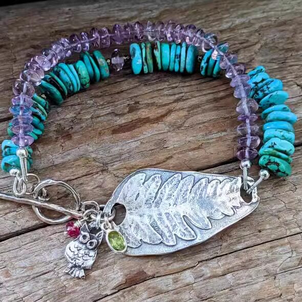 Genuine㊣加拿大代购 手作森系真正绿松石紫水晶双层串珠纯银手链