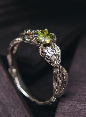 乌克兰代购Peridot◇手作天然橄榄石宝石镶嵌自然橡树叶纯银戒指